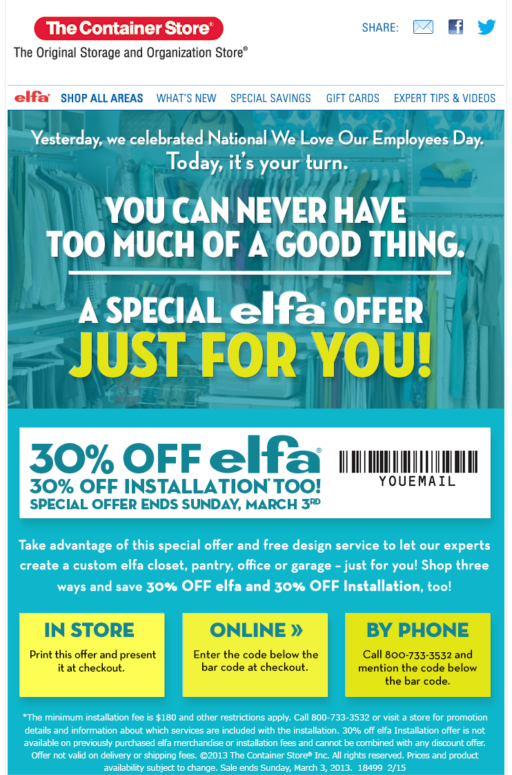 The Container Store: 30% off elfa Printable Coupon