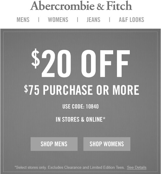Abercrombie: $20 off $75 Printable Coupon