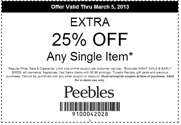 Peebles: 25% off Printable Coupon