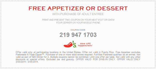 Chilis: Free Appetizer Printable Coupon