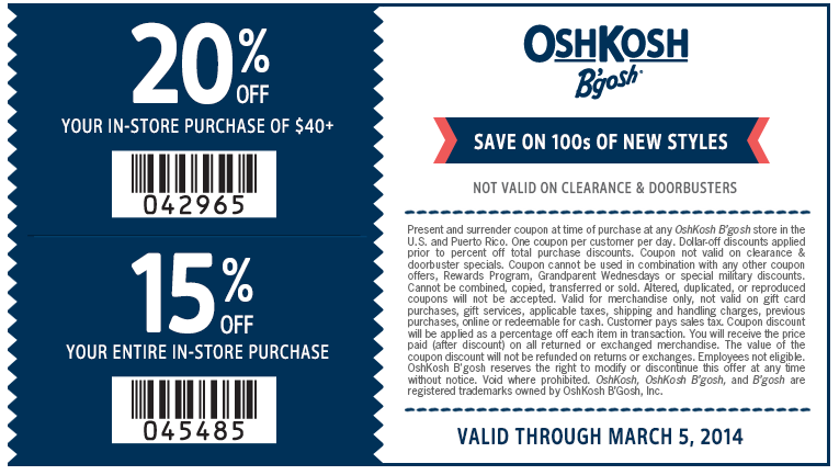 OshKosh B'gosh: 15%-20% off Printable Coupon