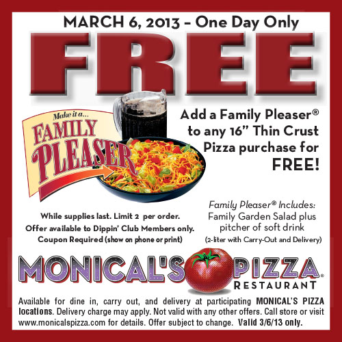 Monical's Pizza Free Family Pleaser Printable Coupon