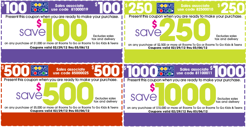Rooms To Go: $100-$1000 off Printable Coupon