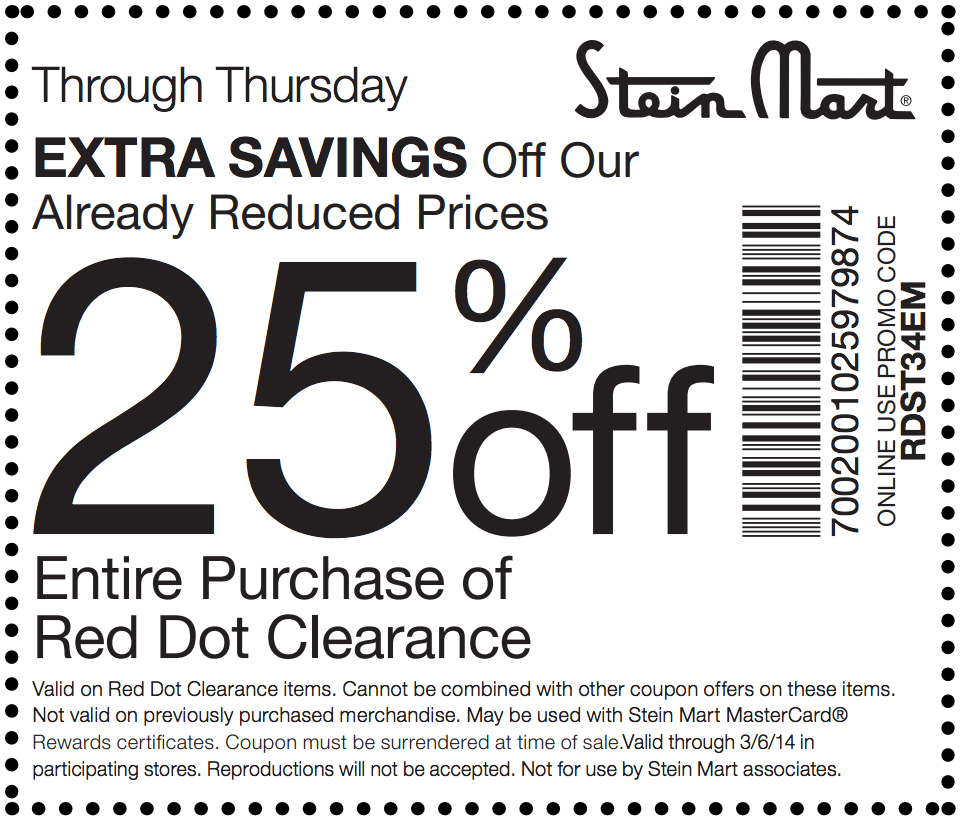 Stein Mart: 25% off Red Dot Printable Coupon