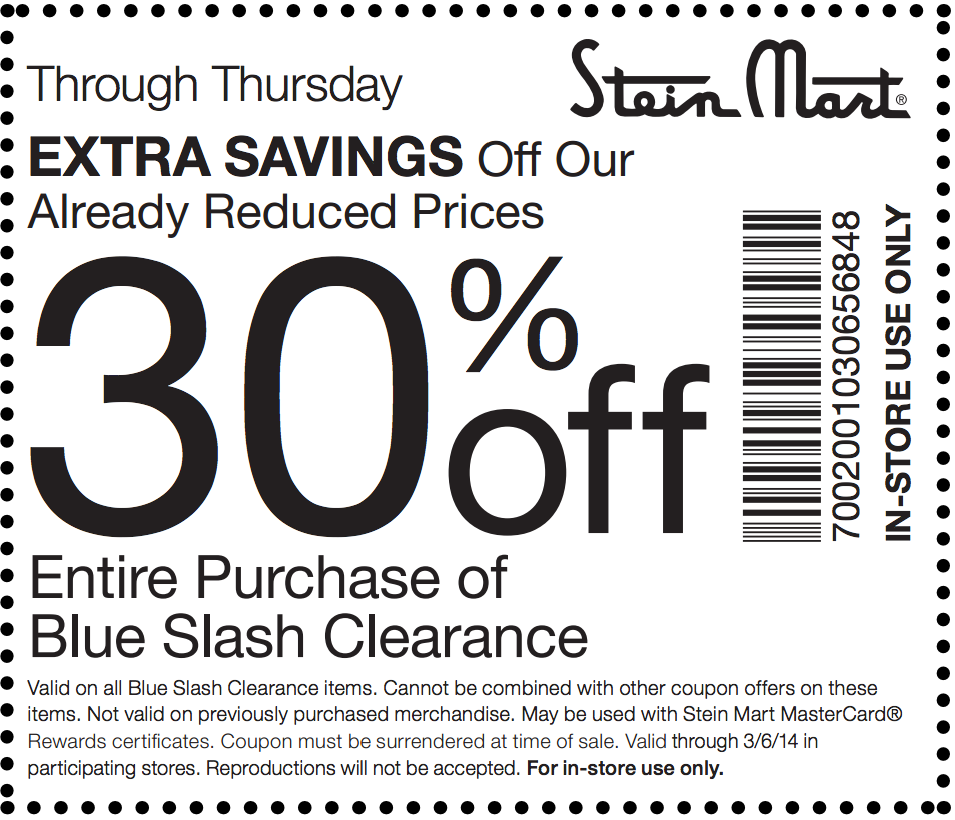 Stein Mart: 30% off Blue Slash Printable Coupon