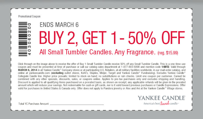 Yankee Candle: B2G1 50% off Candle Printable Coupon