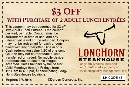 Longhorn Steakhouse: $3 off Printable Coupon