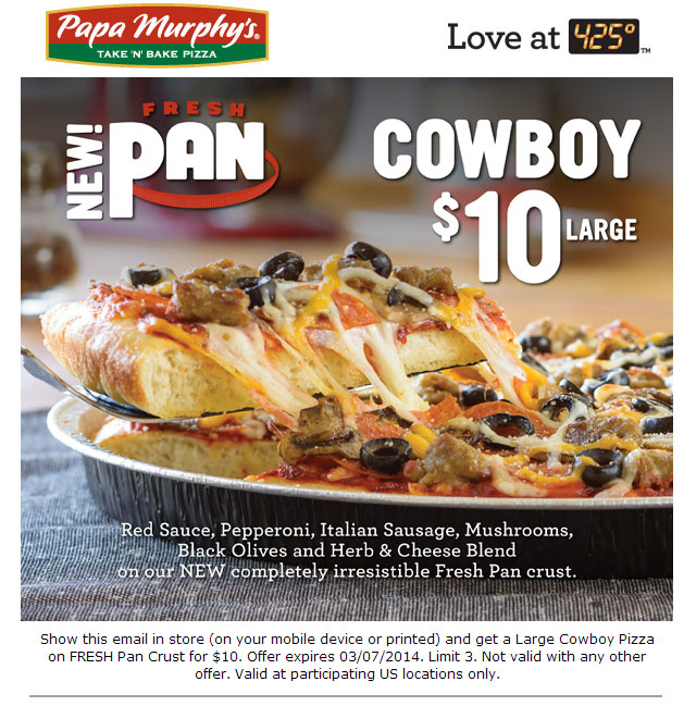 Papa Murphy's: $10 Cowboy Pan Pizza Printable Coupon