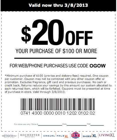 Casual Male: $20 off $100 off Printable Coupon