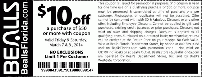 Bealls Department Store: $10 off $50 Printable Coupon