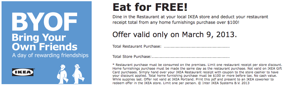 IKEA: Free Meal Printable Coupon