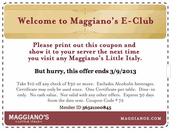Maggianos: $10 off $30 Printable Coupon
