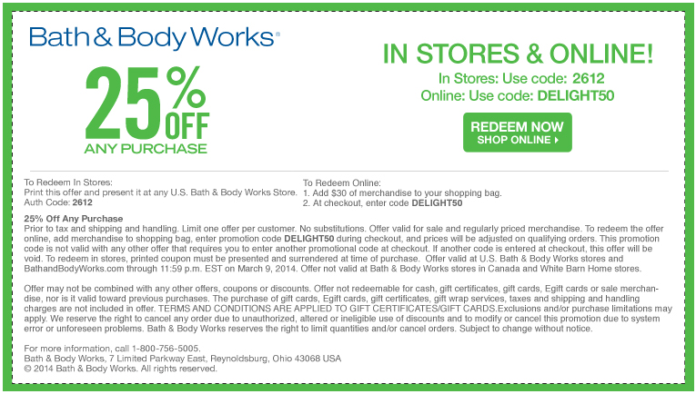 Bath & Body Works: 25% off Printable Coupon