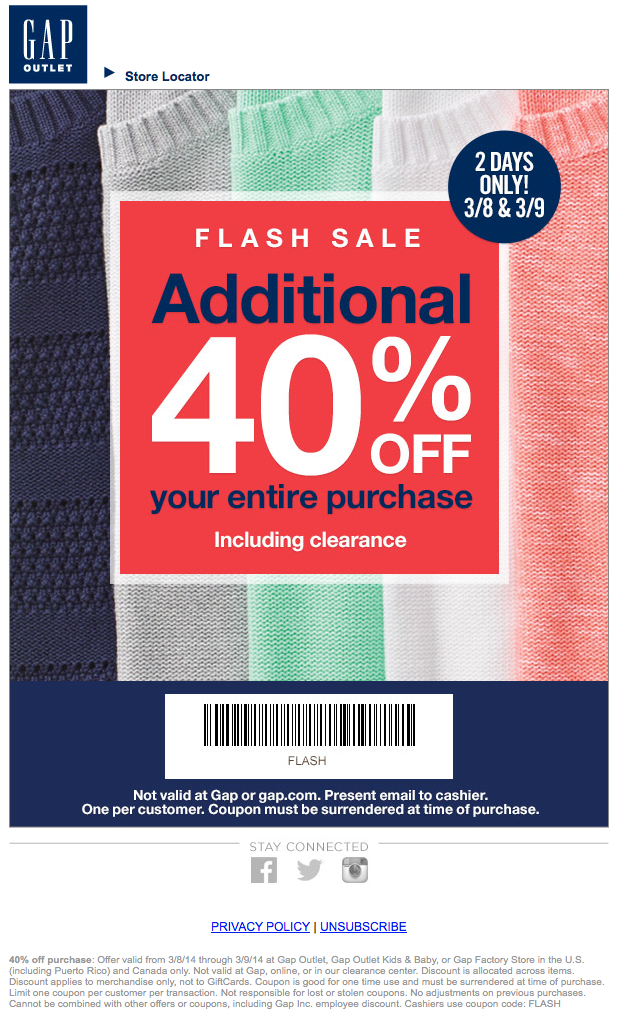 Gap Outlet: 40% off Printable Coupon