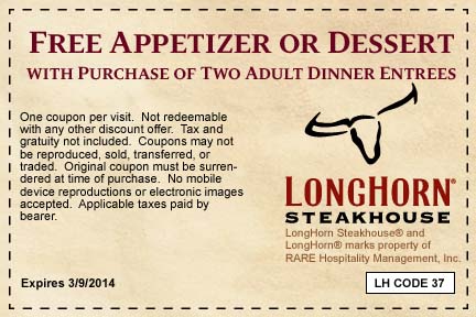 Longhorn Steakhouse: Free Appetizer or Dessert Printable Coupon