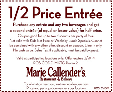Marie Callenders: BOGO 50% off Entree Printable Coupon