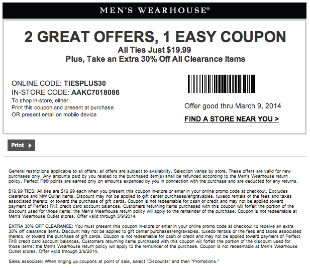Mens Wearhouse: 30% off Clearance Printable Coupon