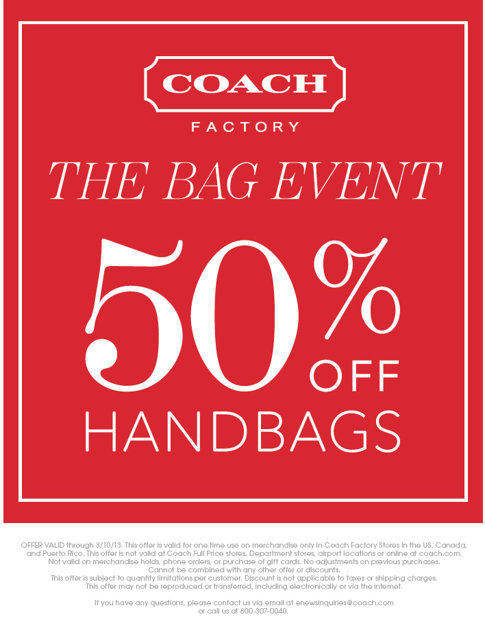 Coach Factory Store: 50% off Handbags Printable Coupon
