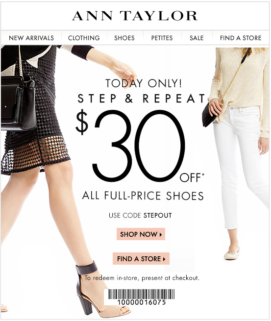 Ann Taylor: $30 off Shoes Printable Coupon