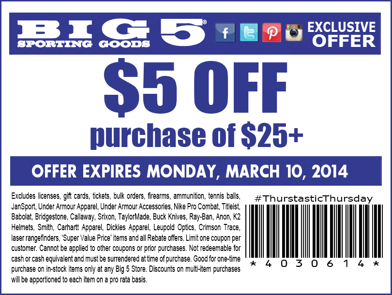 Big 5 Sporting Goods: $5 off $25 Printable Coupon