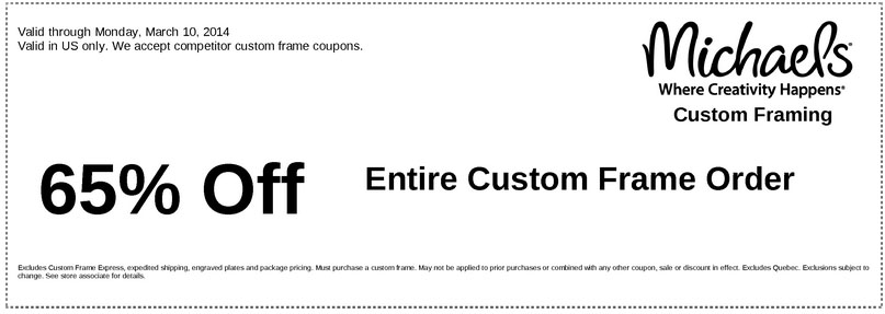 Michaels: 65% off Custom Frame Order Coupon Code
