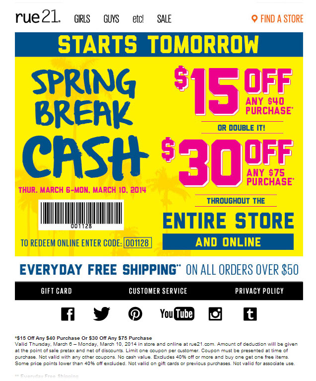 Rue 21: $15-$30 off Printable Coupon