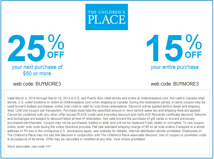 The Children's Place: 15%-25% off Printable Coupon