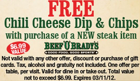 Beef'O'Bradys: Free Dip & Chips Printable Coupon