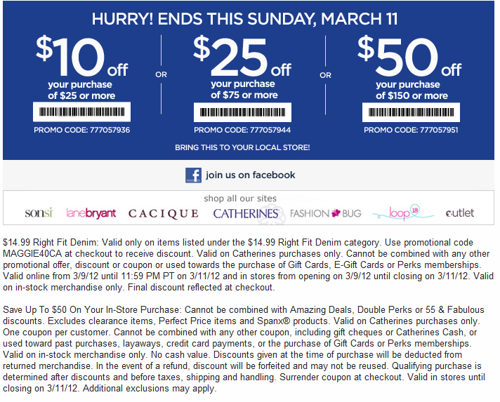 Catherines: $10-$50 off Printable Coupon