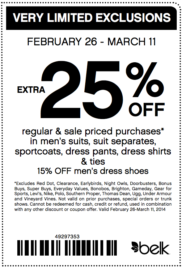 Belk: 25% off Suits Printable Coupon
