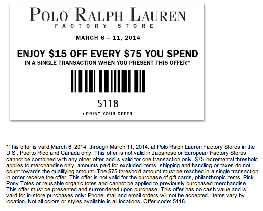 Ralph Lauren Factory Store: $15 off $75 Printable Coupon