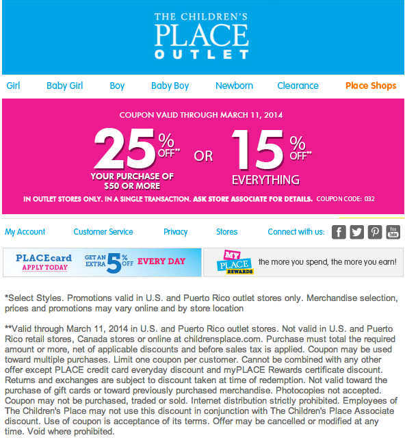 The Children's Place Outlet: 15%-25% off Printable Coupon