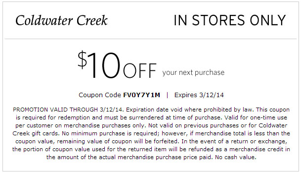 Coldwater Creek: $10 off Printable Coupon