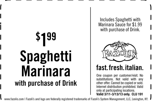 Fazolis: $1 Spaghetti Printable Coupon