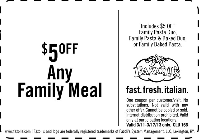 Fazolis: $5 off Meal Printable Coupon