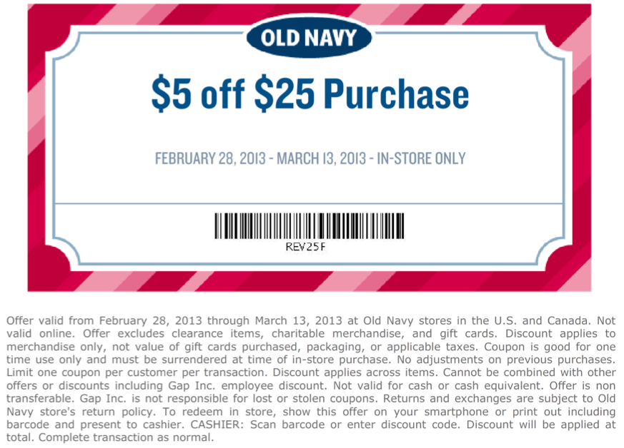 Old Navy: $5 off $25 Printable Coupon