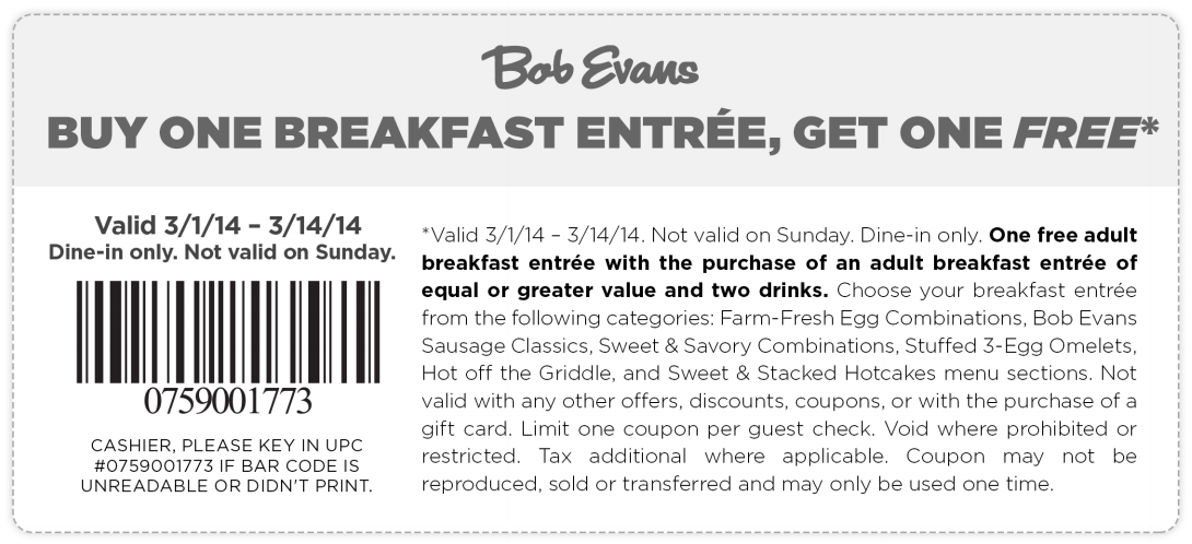 Bob Evans: BOGO Free Breakfast Printable Coupon