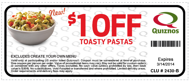 Quiznos: $1 off Toasty Pastas Printable Coupon