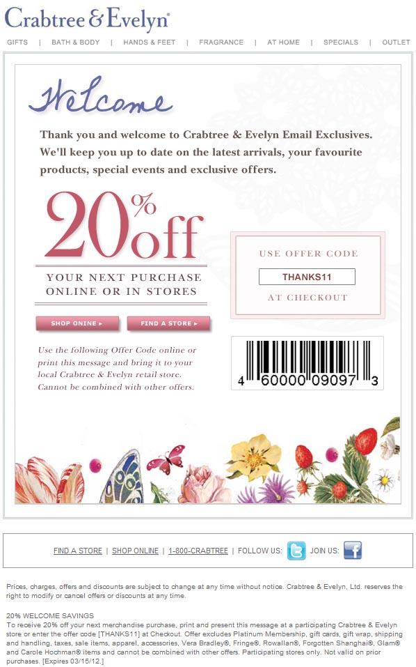 Crabtree & Evelyn: 20% off Printable Coupon