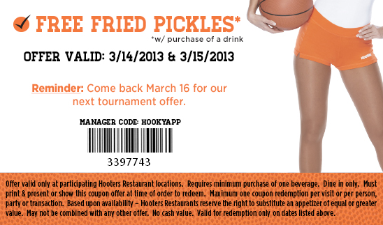 Hooters: Free Fried Pickles Printable Coupon
