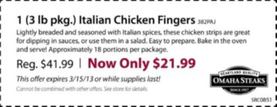 OmahaSteaks.com: $21.99 Chicken Fingers Printable Coupon