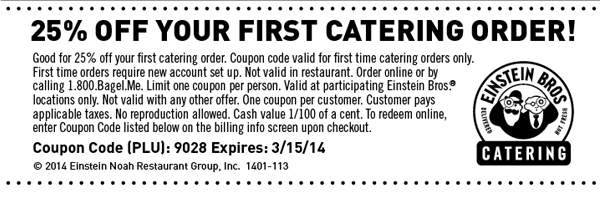 Einstein Bros Bagels: 25% off Catering Printable Coupon