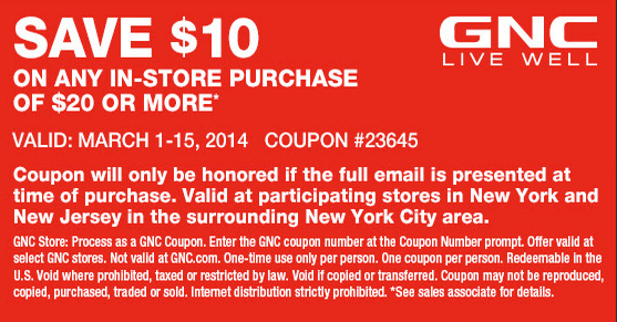 GNC: $10 off $20 Printable Coupon