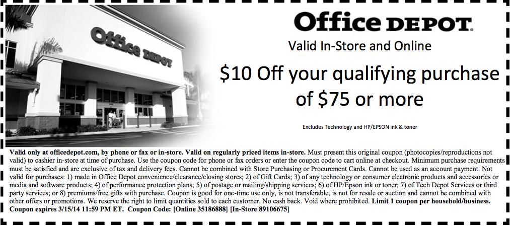 Office Depot: $10 off $75 Printable Coupon