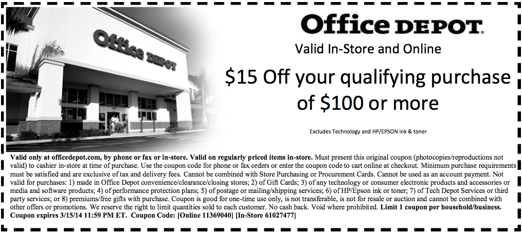 Office Depot: $15 off $100 Printable Coupon