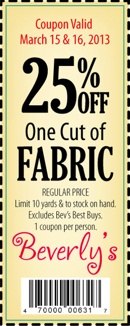Beverly's: 25% off Fabric Printable Coupon