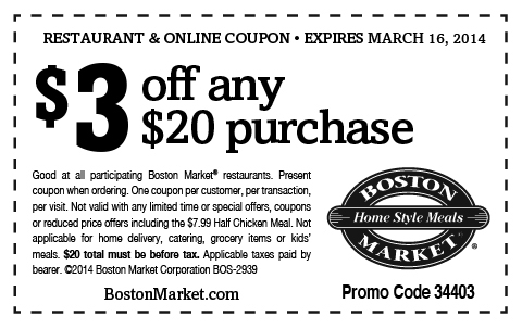 Boston Market: $3 off $20 Printable Coupon