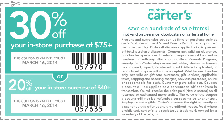 Carter's: 20%-30% off Printable Coupon