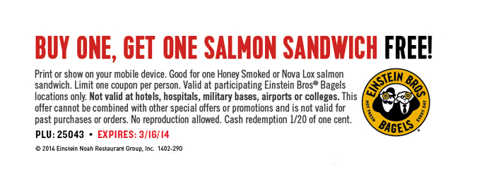 Einstein Bros Bagels: BOGO Free Salmon Sandwich Printable Coupon