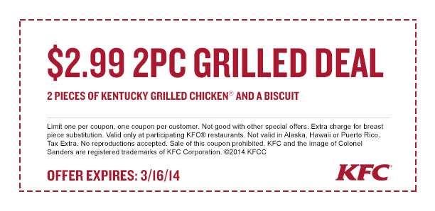 KFC: $2.99 2 Piece Grilled Deal Printable Coupon